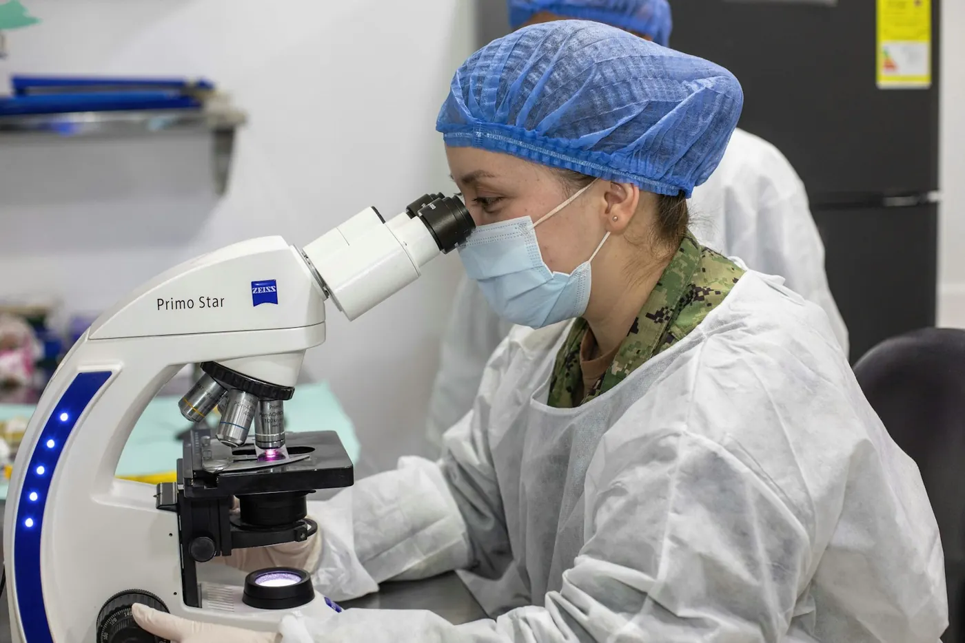 A researcher looking through a microscope